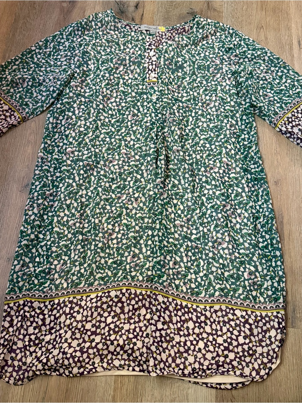Figueroa & Flower Brand Green, Tan, & Purple Floral Tunic Top